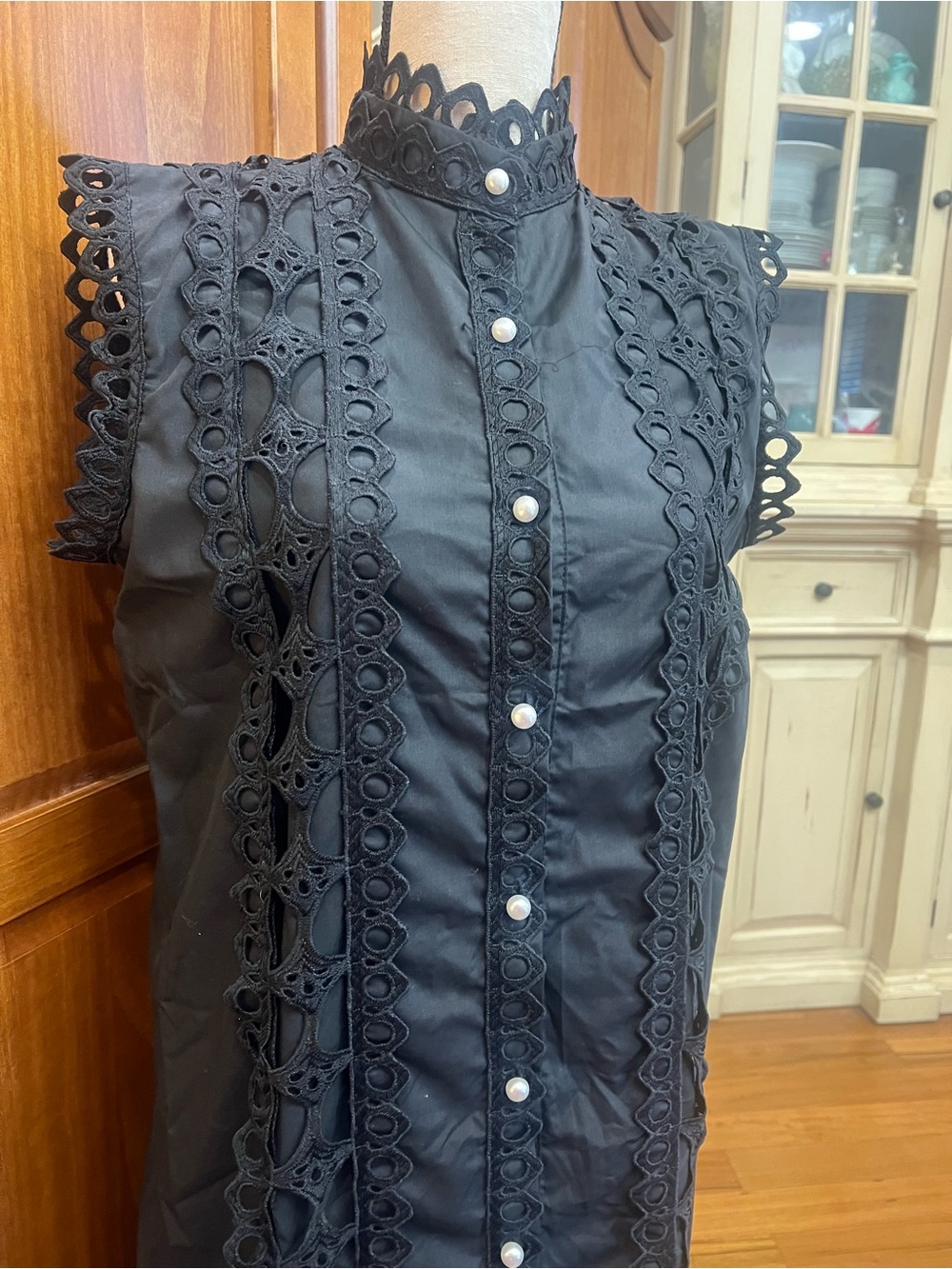 Black Lace-Trim Midi Shirt Dress with Waist Tie - Picture 3 of 14